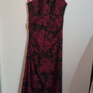 Strapless Black and Fuchsia Floral Evening Dress